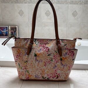 Dana Buchman Floral Faux Leather Shoulder/Tote Bag with Brown Handles and Detail